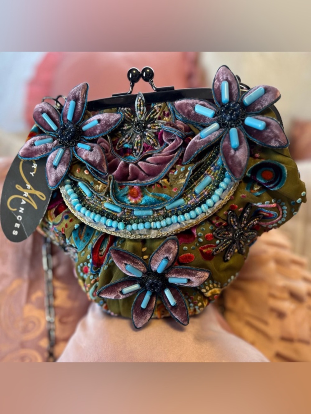 Mary Frances Vintage Olive & Mauve Floral Beaded Clutch, NWT - Picture 2 of 15